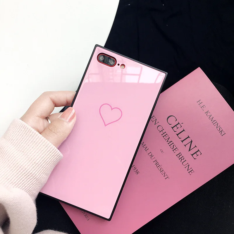 

Soft TPU Square Frame Simple Patterned Cases Phone Case for IPhone X 8 7 6 6s Plus Love Heart Tempered Glass Back Cover