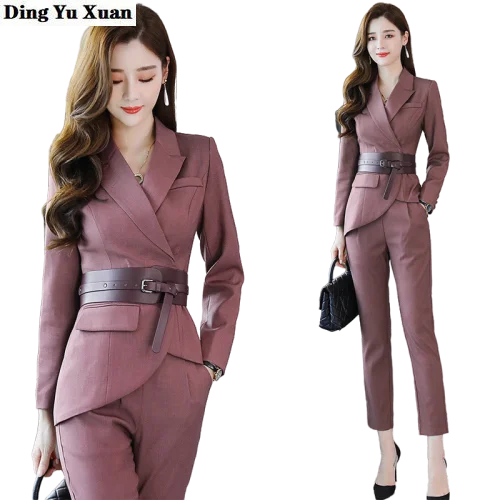 

Womens Formal Suits Irregular Blazer with Pants Business Belt Jacket Coat and Pant 2 Piece Set Women Spring Autumn Pants Suit