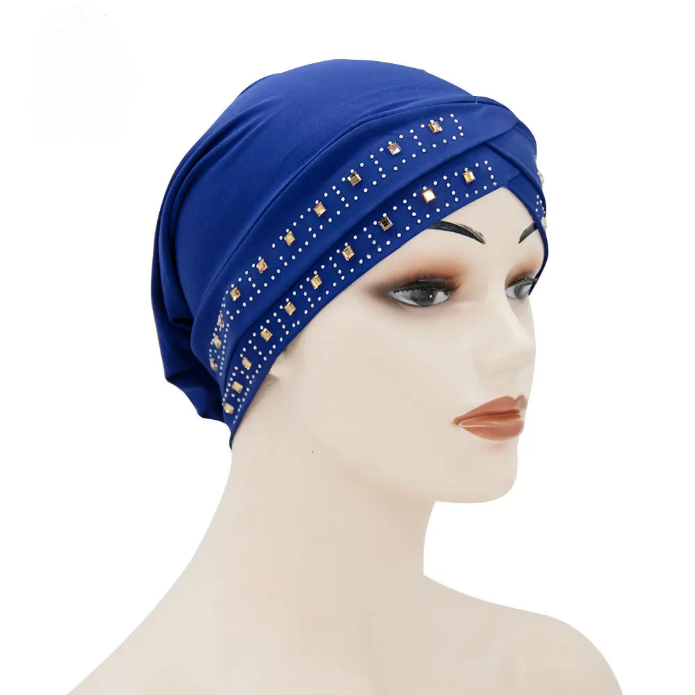 

Fashion Stretch Turban Caps For Muslim Women Beanie Bonnet Rhinestone Head Wraps Inner Hijab Double Cross Ahead Modest Headwear