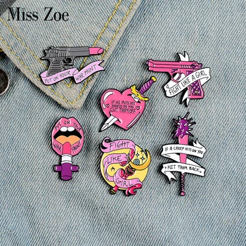 

Fight Like a Girl Enamel Pins Custom Lipstick Gun Magic Wand Brooches Lapel Pin Shirt Bag Pink Badges Feminist Jewelry Gift