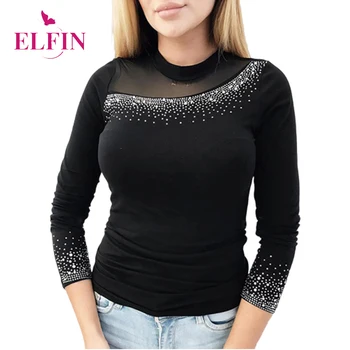 

Black Sexy Mesh diamonds Slim Women Spring Long Sleeve T-shirt Femme Clothing Casual Tee Shirt European Tops SJ5814R