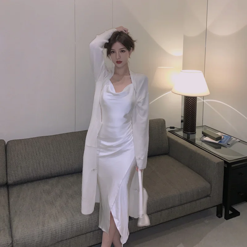 

Sexy Bowknot Rhinestone Loose Slim Long Sweater Jacket + Irregular Split Sling Dress