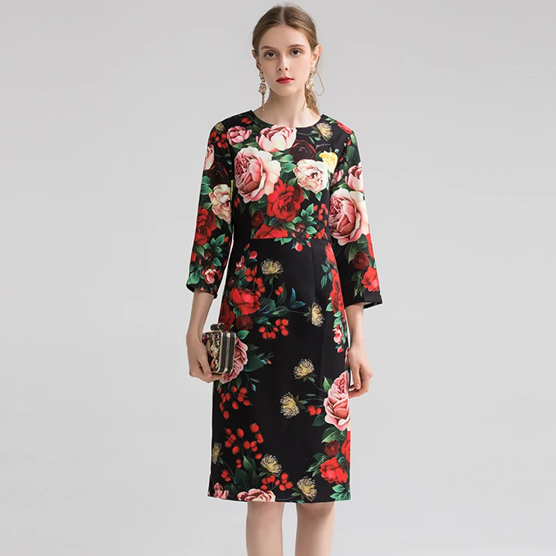 

VERDEJULIAY Vintage Printed Dress 2020 Autumn Spring New Fashion Designer Flower 3/4 Sleeve Knee- Length Black Dress Vestidos
