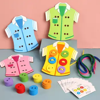 

4Pcs Kids Baby Lacing Button Learning Toy Wooden Sew-on Buttons Threading Lacing Clothes Board Kids Developmental Education Toy