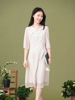 

CYNTHIA 2020 New Summer Women Dot Dresses Female Vintage Chiffon O-neck 3/4 Sleeve Chinese-style Long Dresses