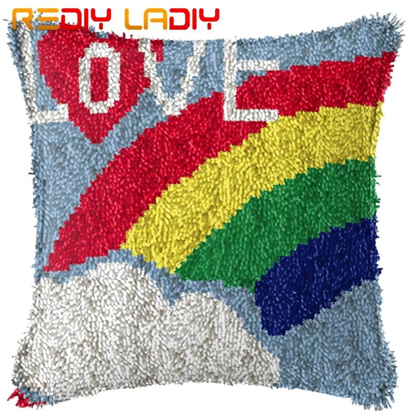 Latch Hook Cushion Kits Love Rainbow Pre Printed Canvas Acrylic Yarn