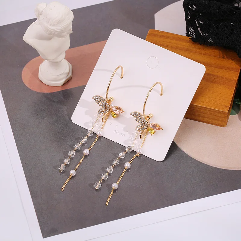 

Rhinestone Butterfly Long Crystal Tassel Pendant Hoop Earrings Metal Chain Simulated Pearl For Women Statement Earrings Jewelry