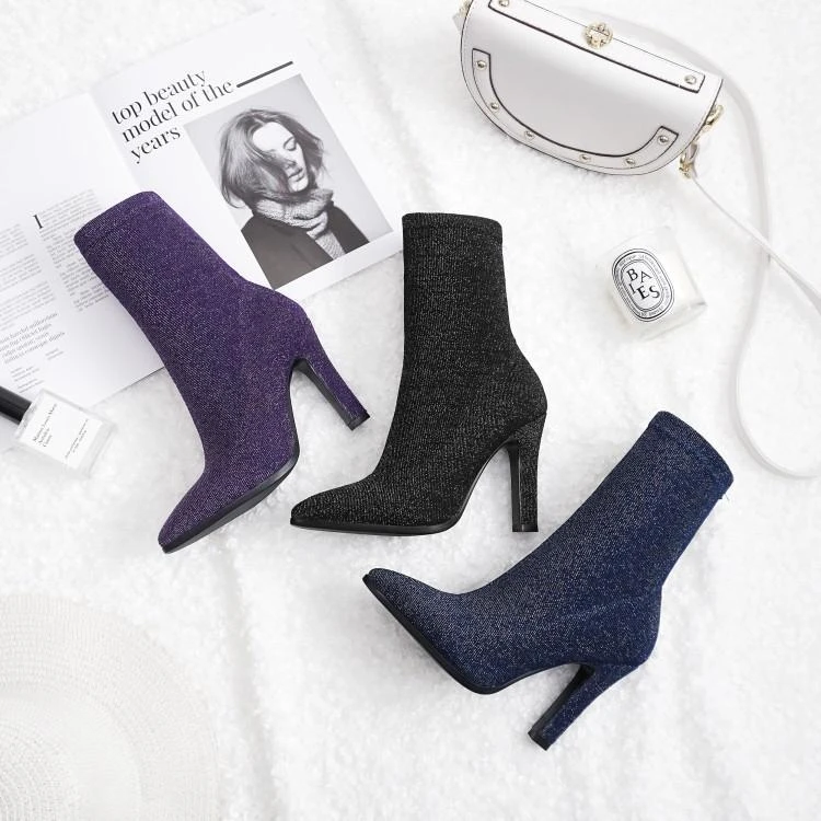 Lucky2021 Botines azules de LICRA para mujer, botas cortas de tacón fino y de y felpa, color morado|Botas hasta el tobillo| - AliExpress