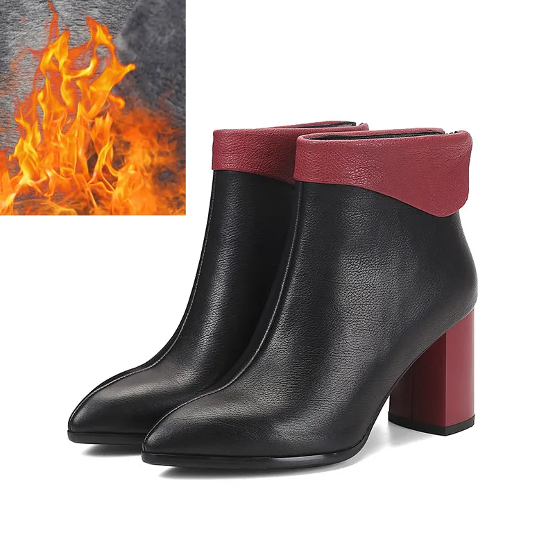 Black with plush Xiuningyan/обувь; женские ботильоны; Лидер продаж; женские Ботинки martin из натуральной кожи на высоком каблуке с молнией сзади; модные ботинки в западном стиле - Цвет: Black with plush