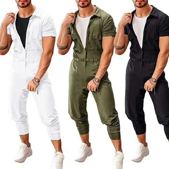 

Men'S Jumpsuit Fashion Casual Summer Solid Color Button Fashion Playsuits Short Sleeve Long Pants Outfits Plus Size M-XXL