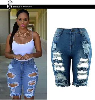 

Womens Clothing Spring Hole Ripped High Waist Casual Zipper Fly Knee Length Jeans High Streetwear Denim Shorts Fashion Skinny