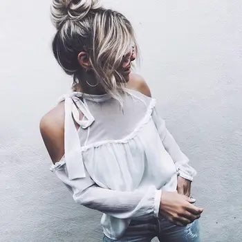 

Summer Women White Chiffon Blouse Shirt Chemise Femme Long Sleeve Off Shoulder Sexy Transparent Blouse Top