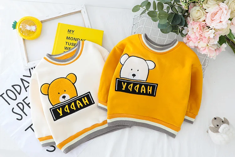 HYLKIDHUOSE/ г. Комплекты одежды для маленьких мальчиков и девочек комплекты одежды для малышей Осенние плюшевые детские топы с рисунком медведя, штаны