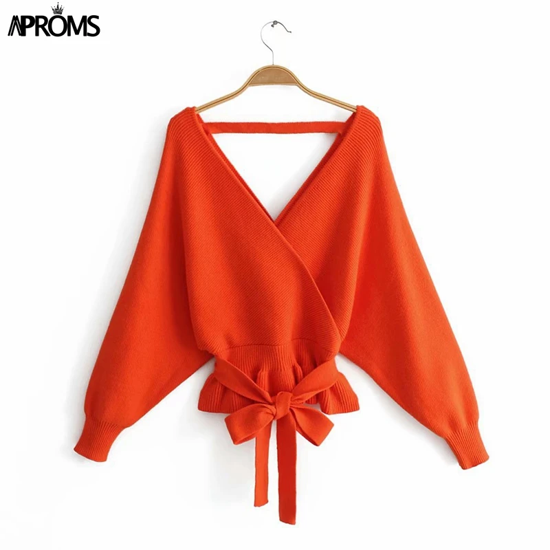 Aproms, сексуальный вязаный свитер с v-образным вырезом и баской, женский зимний винтажный Повседневный джемпер с поясом и галстуком-бабочкой, женские осенние пуловеры - Цвет: Оранжевый