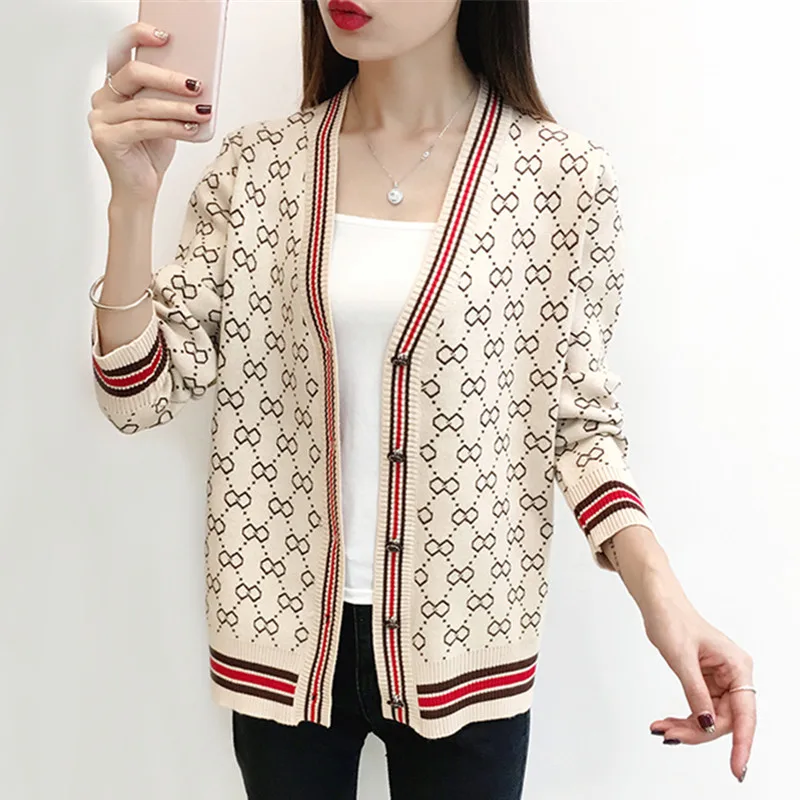 

Vintage Preppy Style Jacquard Knitted V Neck Sweater Cardigan Women Spring Autumn Hit Color Striped Knitted Cardigan Tops