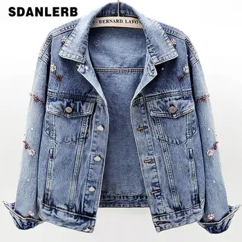 

2019 Spring Autumn New Fashion Jeans Coat Women Diamond Beaded Long-sleeved Loose Denim Jacket