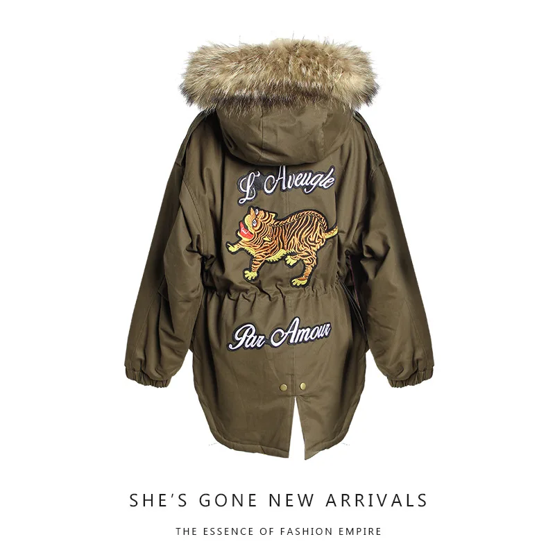 

2018 Winter Versatile Loose-Fit Women's Fashion-Large Raccoon Tiger Embroidered New Style Padded Cardigan Cotton Overcoat