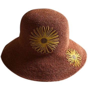 

New Summer Straw Hat Ladies Wide Brim Floppy Beach Hat Sun Cap Female Handmade Embroidery Flowers Summer Basin Cap Foldable