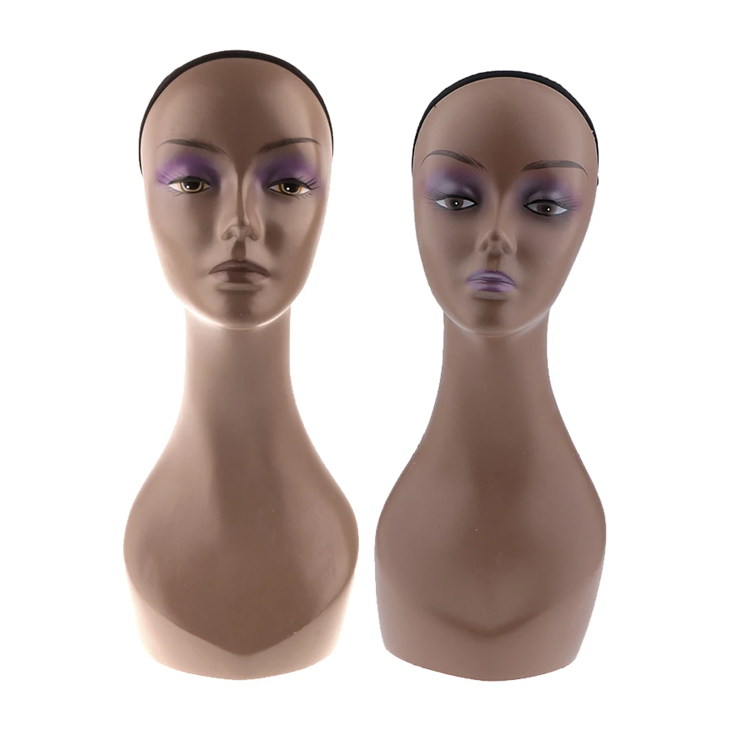 Perfeclan 2Pieces 20'' Women Makeup Mannequin Head Bust Jewelry Display Stand - Coffee and Normal Skin Colors