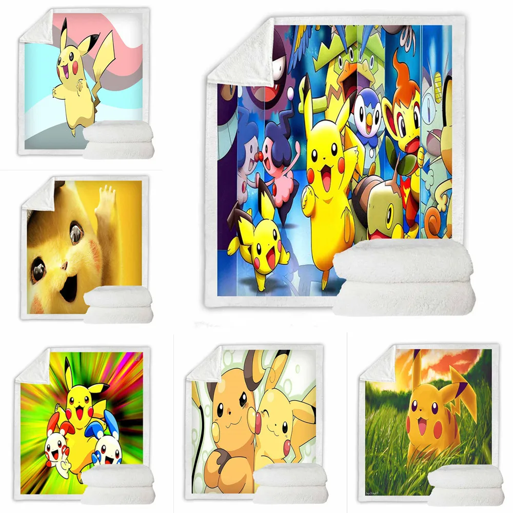 

3D Digital Printing Blanket Double Thick Sheepskin Velvet Blanket Sofa Cover Blanket Pikachu Pet Elf Plush