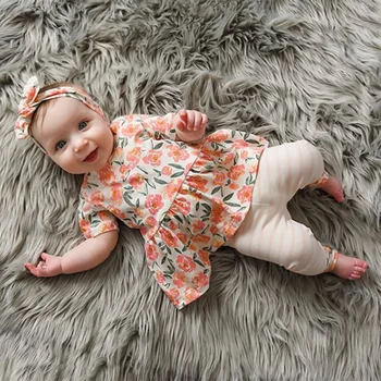 

Summer Newborn Infant Baby Girl Clothes Set Cute Flower Print Short Sleeve Tops Stripe Pants Headband 3Pcs Girls Clothing Outfit