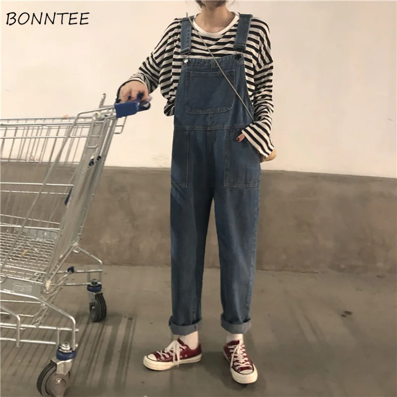

Jumpsuits Women Retro Washed Big Pockets Simple High Waist Students Straight Ankle-length Jumpsuit All-match Korean Style Trendy