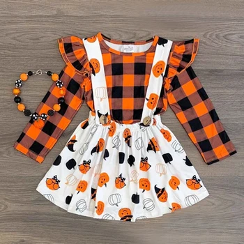 

Halloween Girls Long Sleeve Plaid Top + Pumpkin Strap Skirt Children's Wear New Arrival