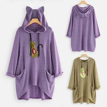 

Blouse Women Shirt Women Tops блузка женская Casual Hooded Long Sleeves Cat Ear Print Pocket Shirt Irregular Top Free Ship Z4
