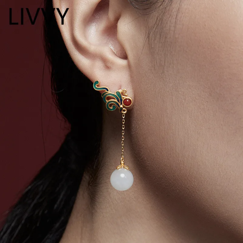 LIVVY New Retro White Stone Long Earrings Chinese Style Unique Fine Craft Luxury Charm Women's  Jewelry