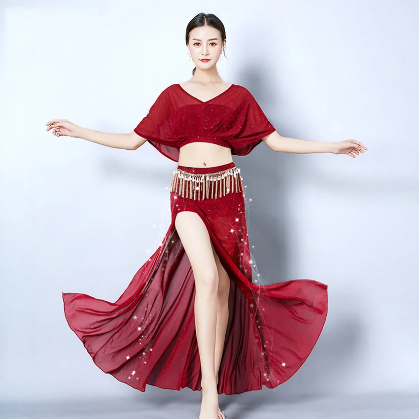 

Transparent Belly Dance Costumes for Women Sexy Tunic Vest+split Skirt Clothing Set Mesh Belly Dancing Stage Performance