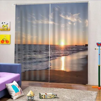 

1pcs Curtain Decorative Printing Seaside and Setting Sun Polyester Drape Curtain for Home Hotel Living Room A30