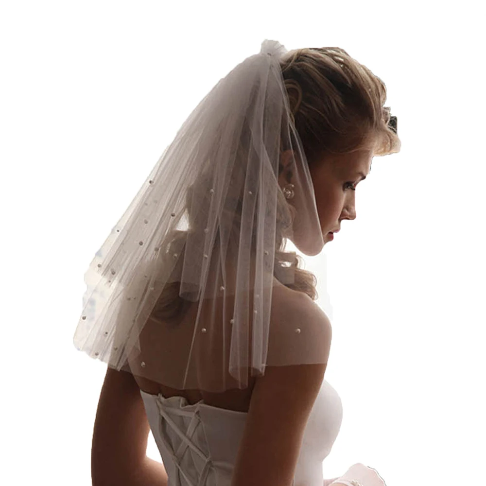 

2T Pearls Wedding Veil Short Soft Tulle Bridal Veils Two Layer Cheap Shoulder Length Bride Veils Wedding Accessories