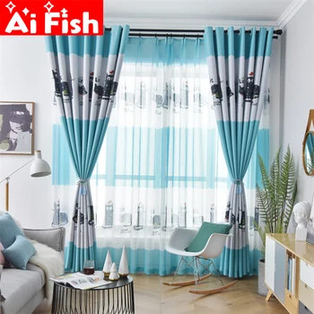 

Simple Modern Cartoon Cat Animal Print Shading Living Room Curtain Children's Room Bedroom Curtain Custom Yellow/Blue X043-4