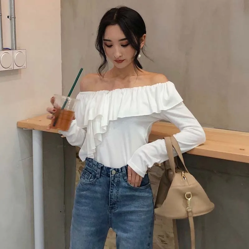 slash neck ruffles white full sweet Spring and autumn women tops Harajuku off shoulder high quality Women's Clothing t-shirts