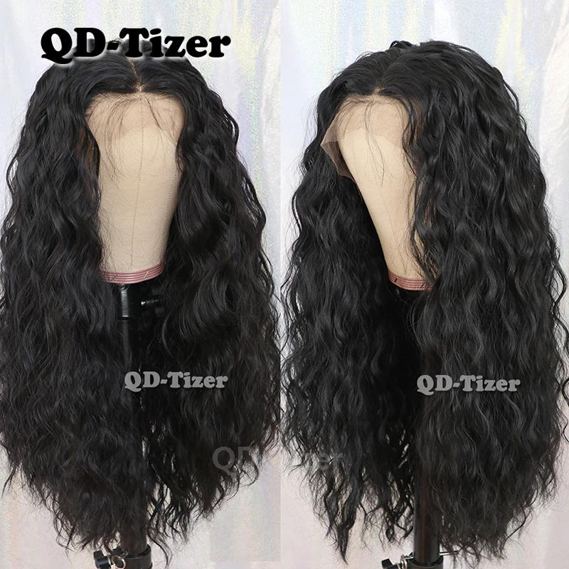 QD-Tizer 13*6 кружевные передние парики Длинные свободные кудрявые волосы черный цвет синтетические кружевные передние парики для женщин с детскими волосами