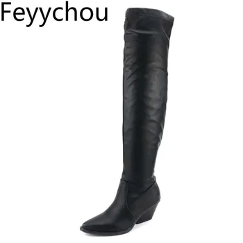 

Women's Boots Med Heel Autumn Winter Warm Knee High Pointed Toe Slip on Pu 2019 New Sexy Fashion Black White Big Size 34-48