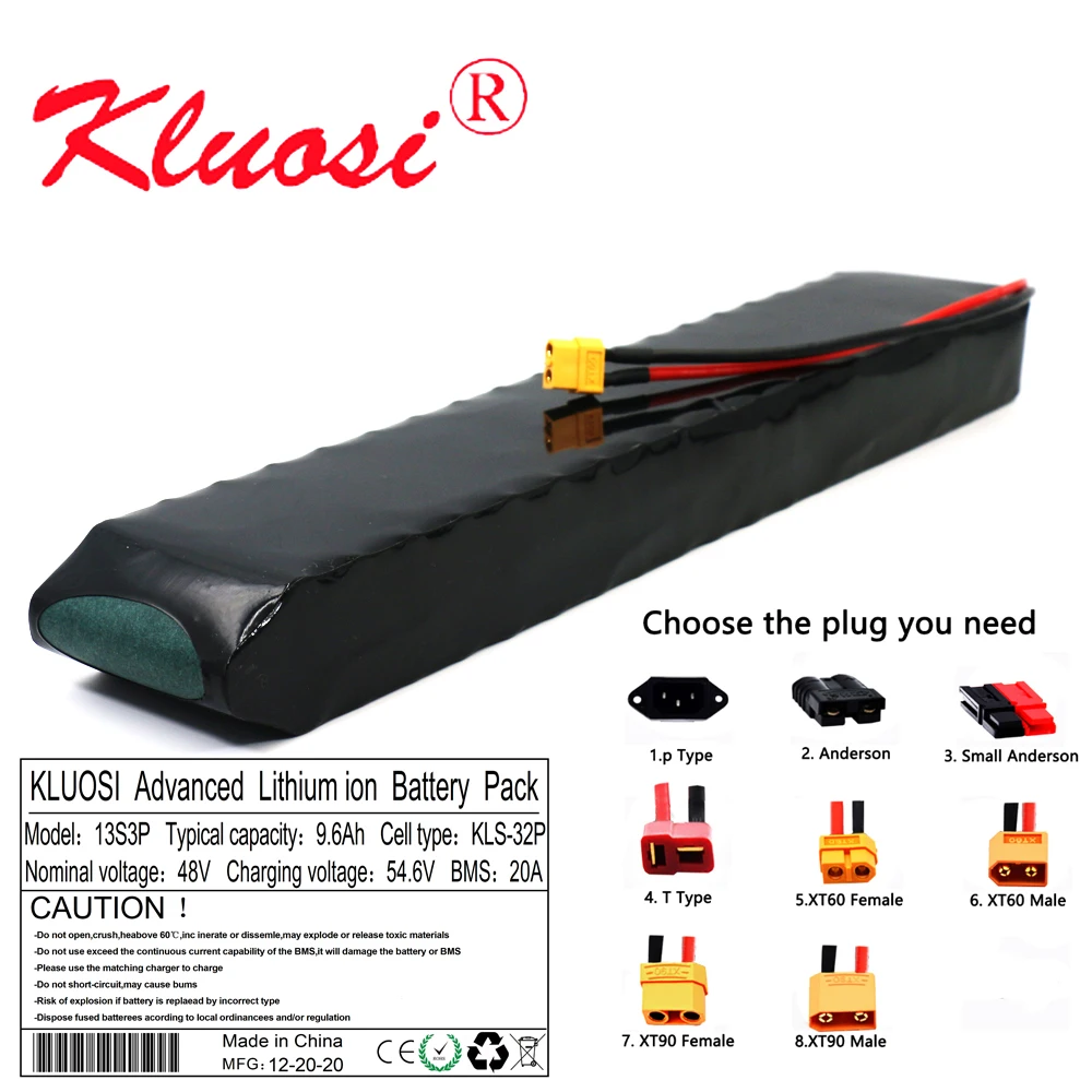 KLUOSI 48V 9.6Ah 10Ah 13S3P 250W~750W 54.6V Rechargeable Lithium Battery Pack Built-in 20A Common Port BMS Scooter Ebike Motor |