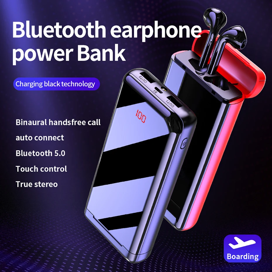 10000 мАч Зарядное устройство беспроводной Bluetooth наушники 6D стерео двойной микрофон Спортивные Беспроводные наушники внешний аккумулятор для Iphone samsung