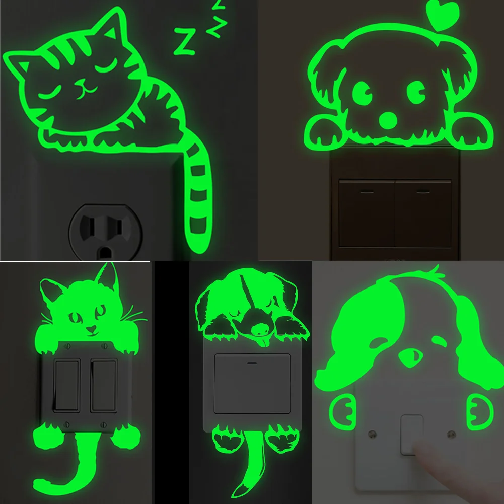 Cartoon Luminous Switch Sticker Glow in the Dark Wall Stickers Home Decor Kids Room Decoration Sticker Decal Cat