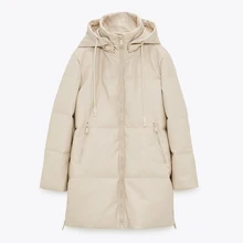 Women Fashion Beige PU Leather Coats Loose Hooded Parkas Women Side Zipper Split Long Cotton Jackets Ladies