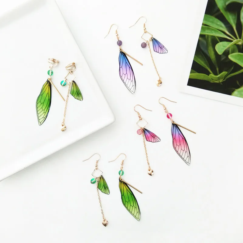 Fashion long wings dangle earrings female asymmetric gradients earrings Classic transparent butterfly wings earrings for women