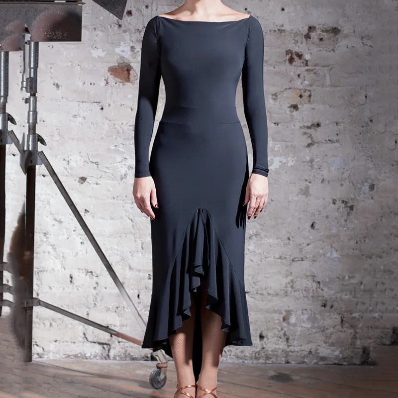 Black Dress Последние Бальные платья женщин большой маятник платье, сценический костюм конкурентоспособный стандартный бальный зал танцы с длинным рукавом платье I003 - Цвет: Black Dress