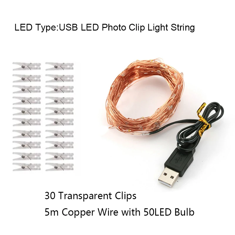 USB 5M 2 м/5 м светодиодный светильник-гирлянда с зажимом для фото, подарок на день Святого Валентина, гирлянда, светильник, новогодний декор, подарки, Свадебная вечеринка, сделай сам, Декор - Цвет: USB 5M