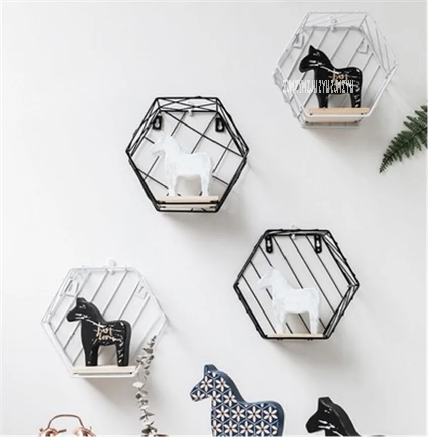 Simple Modern Hexagonal Design Grid Storage Rack Shelf Creative Iron Grid Wall Hanger Hexagon