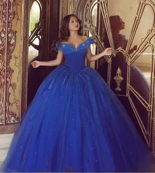 

Royal Blue Puffy 2020 Cheap Quinceanera Dresses Ball Gown Off The Shoulder Tulle Beaded Party Sweet 16 Dresses