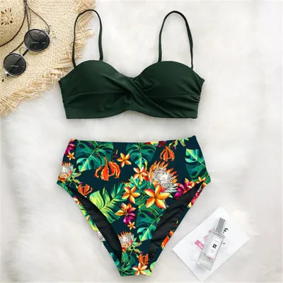 bathing suits Sexy Leaf Print Bikini 2021 Female Swimsuit Women Swimwear Thong Push Up Bikinis Set High Waist Swimming Suits for Bathing Suit red bikini set