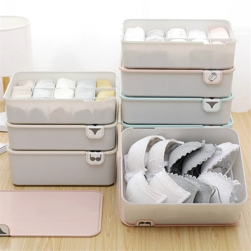 Household Plastic Underwear Storage Box with Mark Compartment Closet Organizer with Cover for Underwear Socks