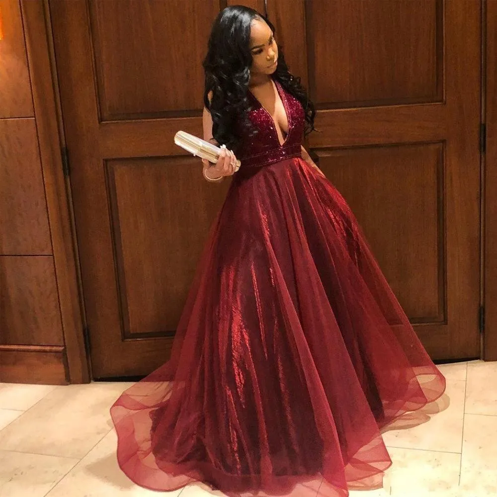 

Elegant Burgundy A Line African Prom Dresses Deep V Neck Beading Backless Tulle Formal Gown Tulle Girls Evening Party Dress