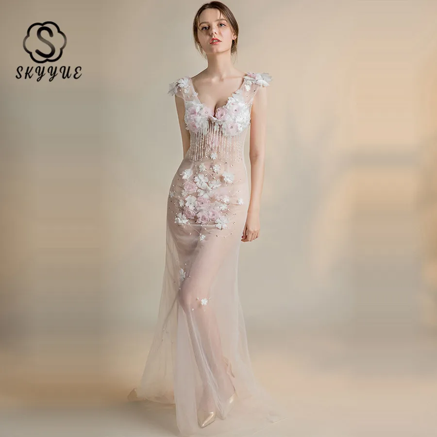 

Skyyue Appliques Flower Sleeveless Perspective Dresses Robe De Soiree 2019 Double V-neck Mermaid Evening Dress Formal Gown H062