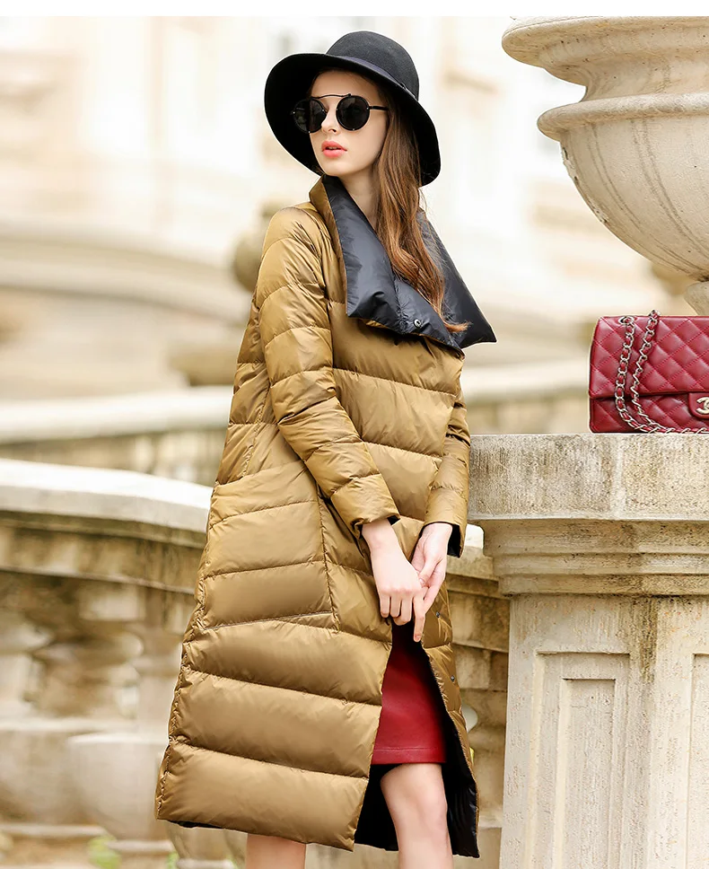 Женская зимняя куртка, парка, пальто, женский длинный Повседневный светильник, ультра тонкий теплый пуховик на утином пуху, двухсторонняя водонепроницаемая верхняя одежда